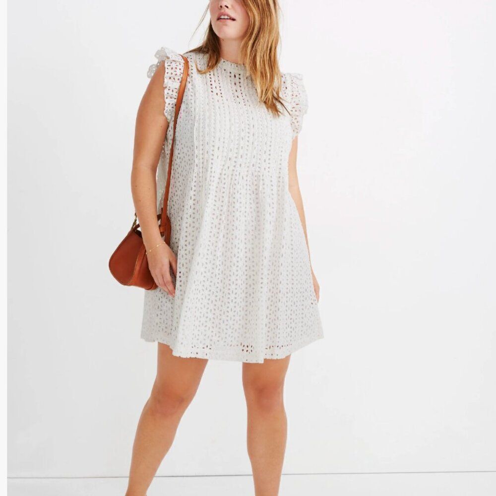 Madewell an137 white Eyelet Ruffle-Sleeve PintuckāMini Dress size M NWT
